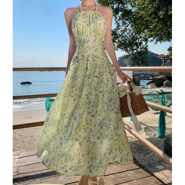 Midi Print Dress Neck Halter A-Line Flower