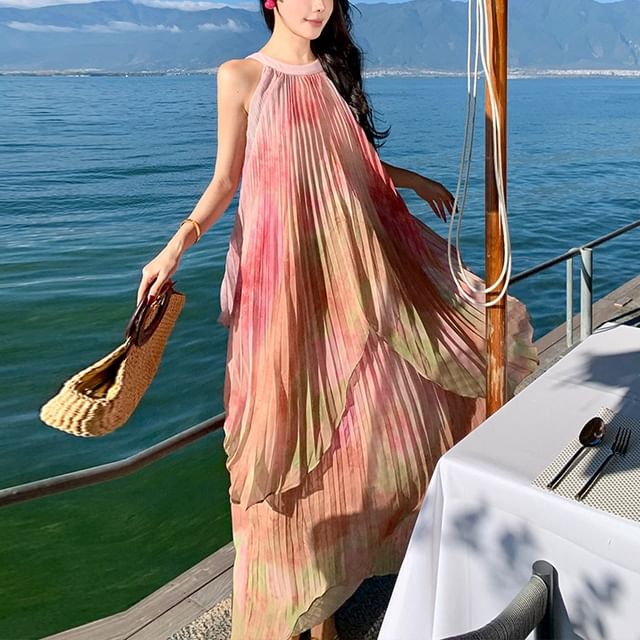 Pleated Crew A-Line Dress Maxi Neck Dye Tie Sleeveless