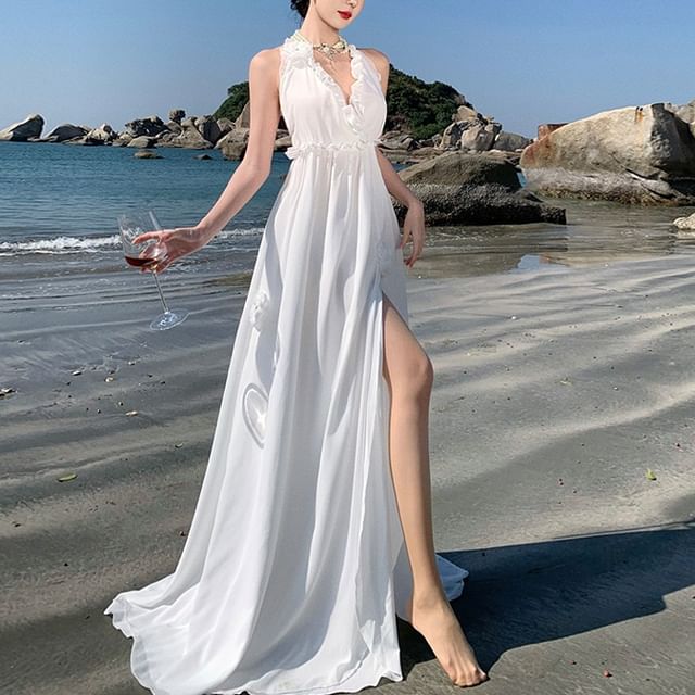 Plain Maxi A-Line V-Neck Slit Dress Sleeveless