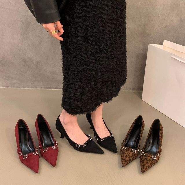 Buckled Pointed Heel Kitten Toe Pumps