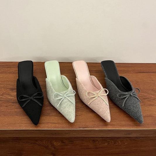 Accent Chunky Bow Pointed Heel Toe Plain Mules