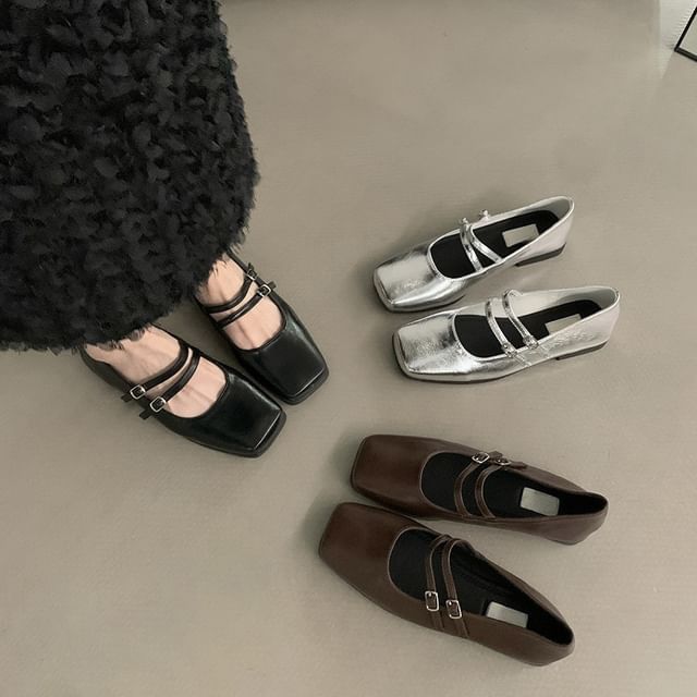Double Mary Strap Faux Jane Shoes Leather Square Toe