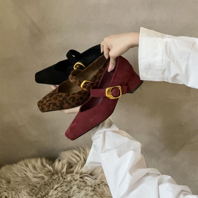 Pumps Suede Chunky Buckled Heel Jane Mary Faux