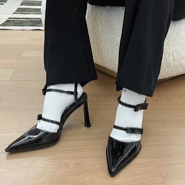 Bow Leather Patent Toe Stiletto Sandals Ankle Pointed Strap Accent