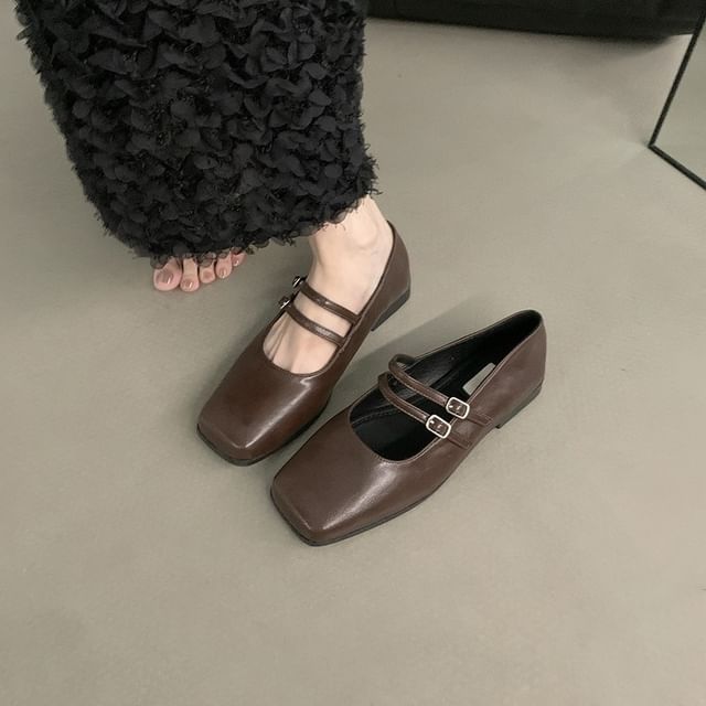Double Mary Strap Faux Jane Shoes Leather Square Toe
