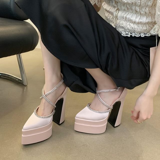 Chunky D'Orsay Heel Pointed Toe Pumps Rhinestone Accent