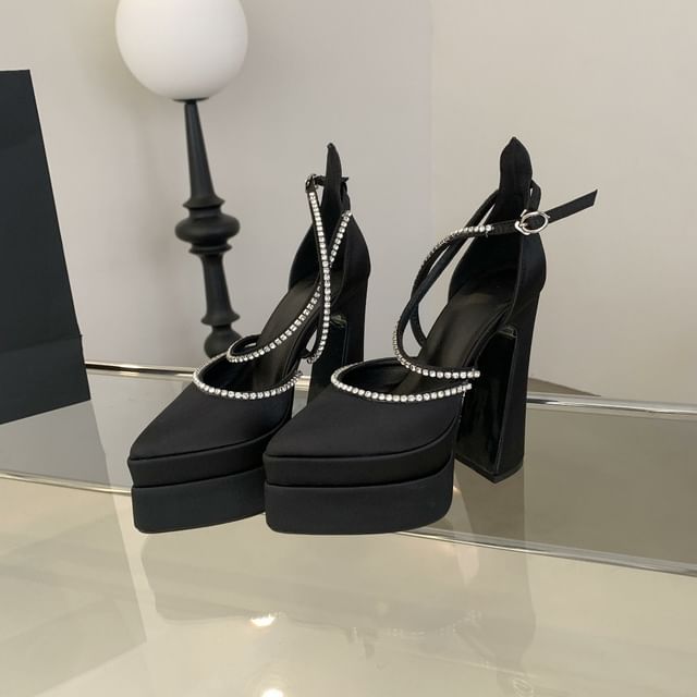 Chunky D'Orsay Heel Pointed Toe Pumps Rhinestone Accent