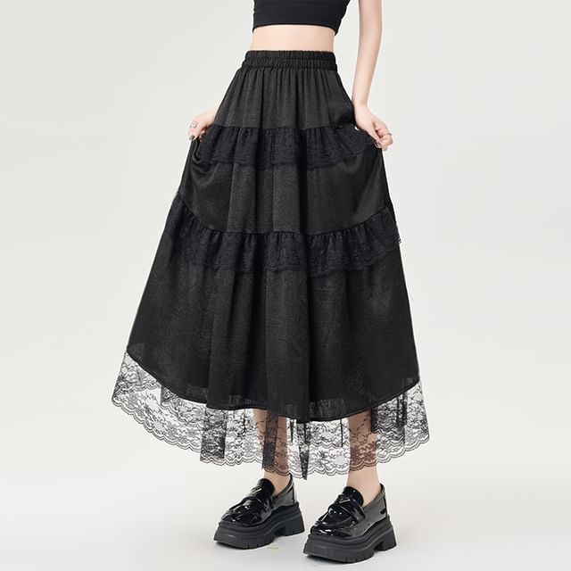 Plain Skirt Trim Lace A-Line Maxi Rise High