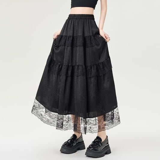 Plain Skirt Trim Lace A-Line Maxi Rise High