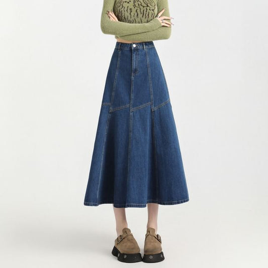 Contrast Skirt High Rise A-Line Midi Stitching Denim