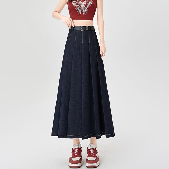 Accordion Rise Stitching Pleated Contrast High A-Line Denim Skirt Maxi