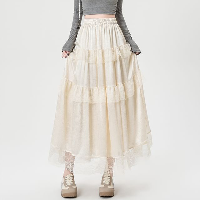 Plain Skirt Trim Lace A-Line Maxi Rise High