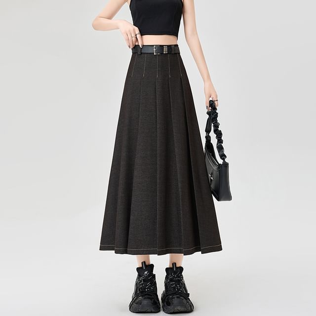 Accordion Rise Stitching Pleated Contrast High A-Line Denim Skirt Maxi