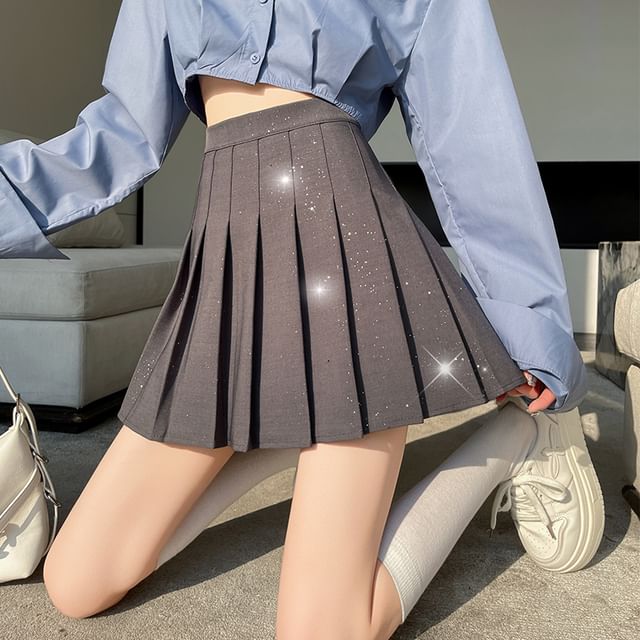 Pleated High Waist Skirt A-Line Sequin Mini
