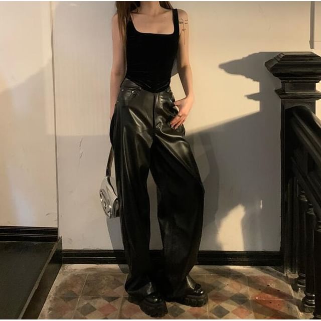 Leather Top Neck High Faux Rise Plain / Flared Square Camisole Pants