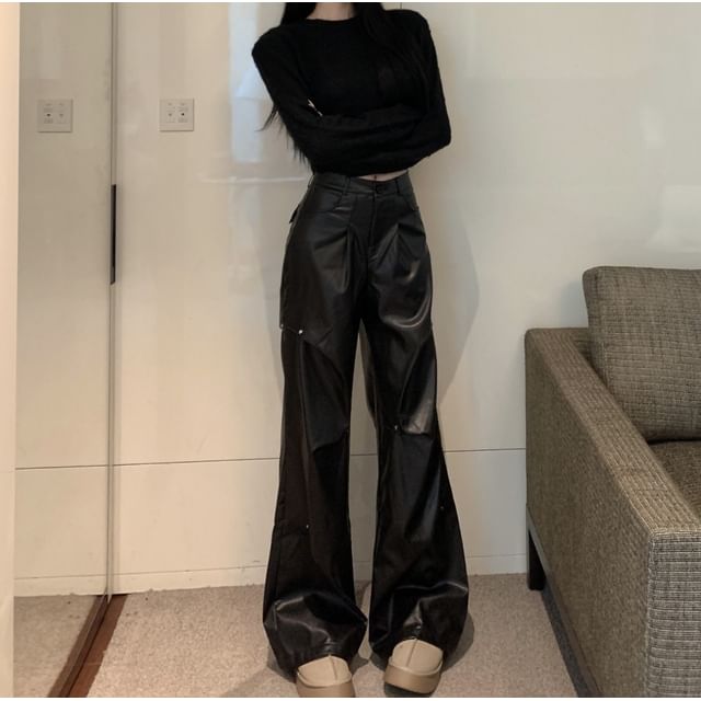 Leather Faux Crop / Long-Sleeve High Neck Pants Wide Leg Round Rise Plain Top