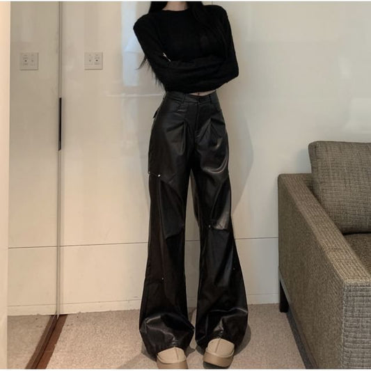 Leather Faux Crop / Long-Sleeve High Neck Pants Wide Leg Round Rise Plain Top