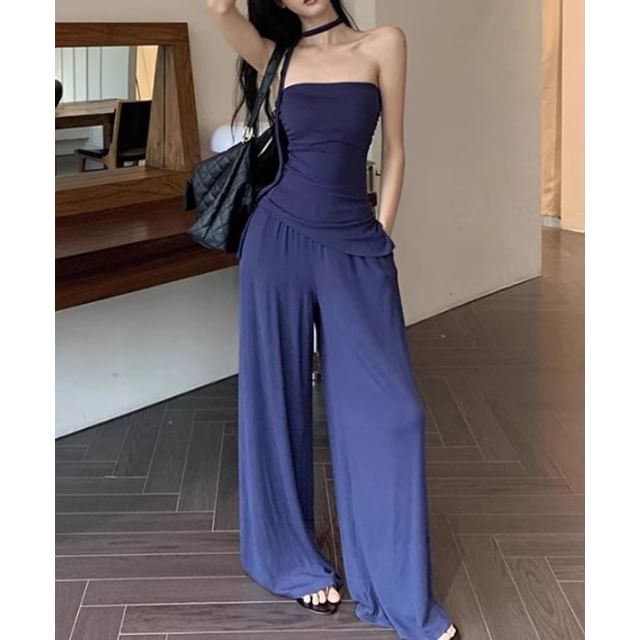 Drawstring / Waist Strapless Pants Leg Top Plain Wide Tube