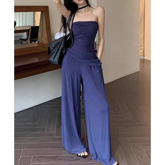 Drawstring / Waist Strapless Pants Leg Top Plain Wide Tube