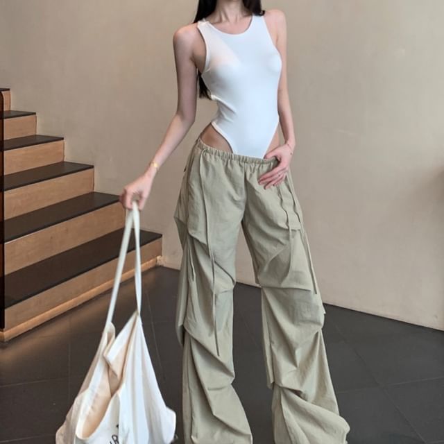 Waist / Bodysuit Neck Top Plain Round Leg Sleeveless Low Pants Ruched Wide
