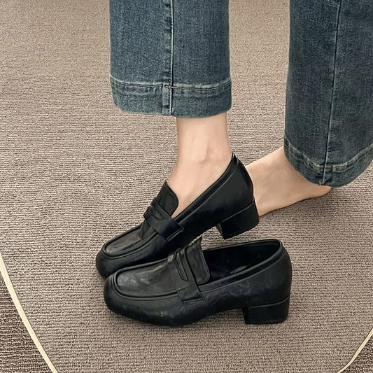 Leather Heel Plain Chunky Loafers Penny Faux