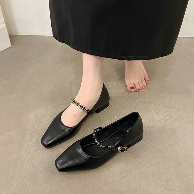 Mary Jane Leather Pumps Chunky Buckled Heel Faux