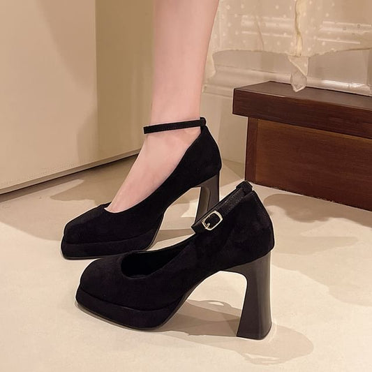 Square Heel Toe Ankle Plain Chunky Strap Pumps