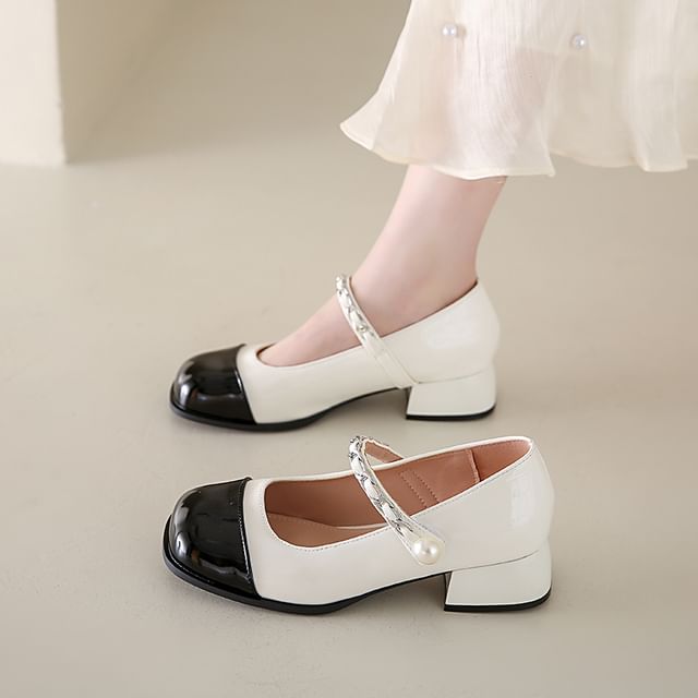 Accent Cap Toe Pearl Mary Faux Pumps Heel Chunky Jane