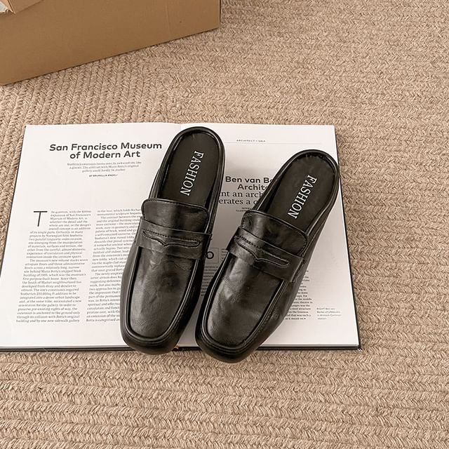 Heel Mules Faux Plain Penny Leather Loafer Chunky