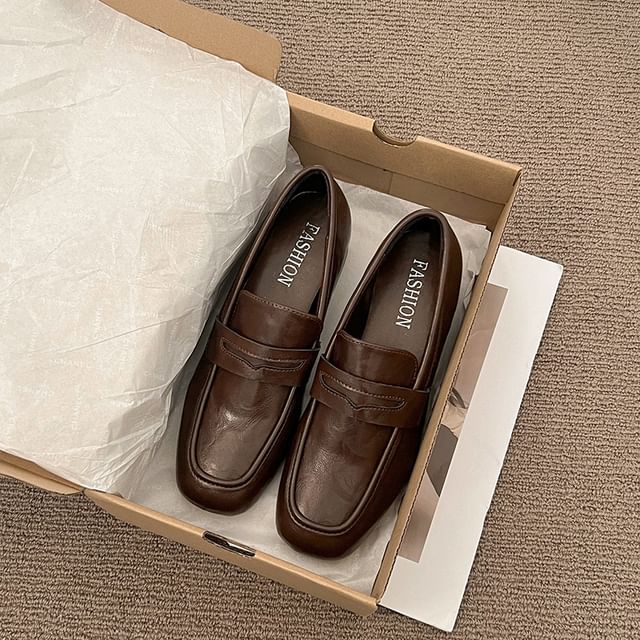 Leather Heel Plain Chunky Loafers Penny Faux