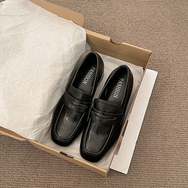 Leather Heel Plain Chunky Loafers Penny Faux