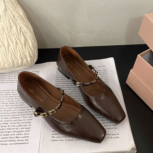 Mary Jane Leather Pumps Chunky Buckled Heel Faux