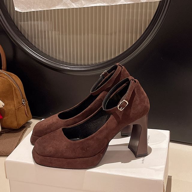 Square Heel Toe Ankle Plain Chunky Strap Pumps