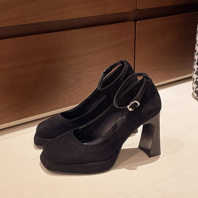 Square Heel Toe Ankle Plain Chunky Strap Pumps