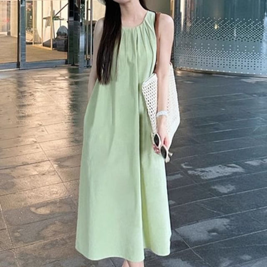 Dress Round Plain Sleeveless Neck Midi A-Line Pleated