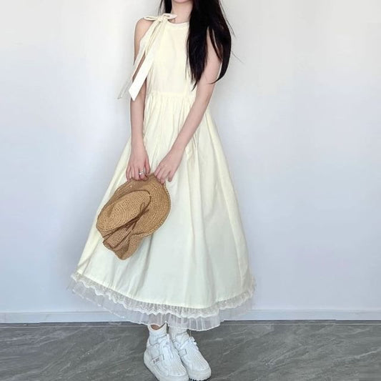 Round Dress Mesh Plain Panel Bow Sleeveless Maxi A-Line Neck