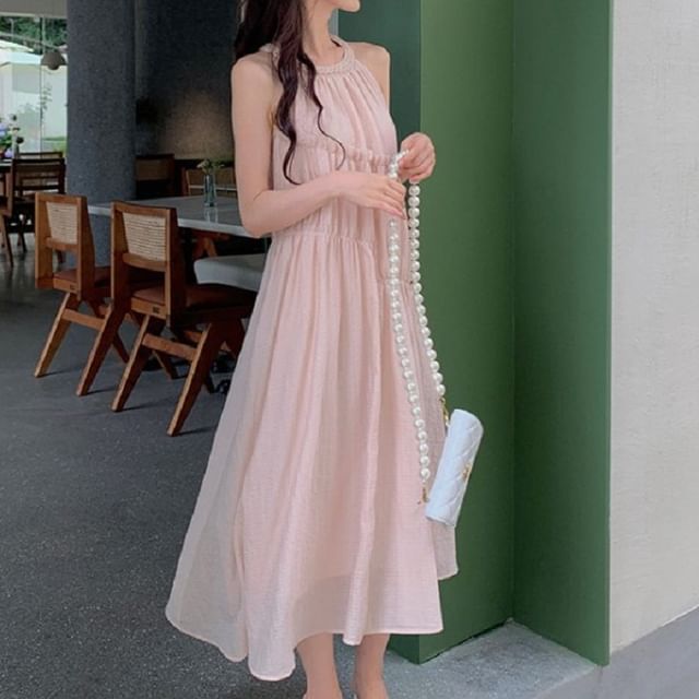 Plain A-Line Dress Neck Round Panel Midi Sleeveless