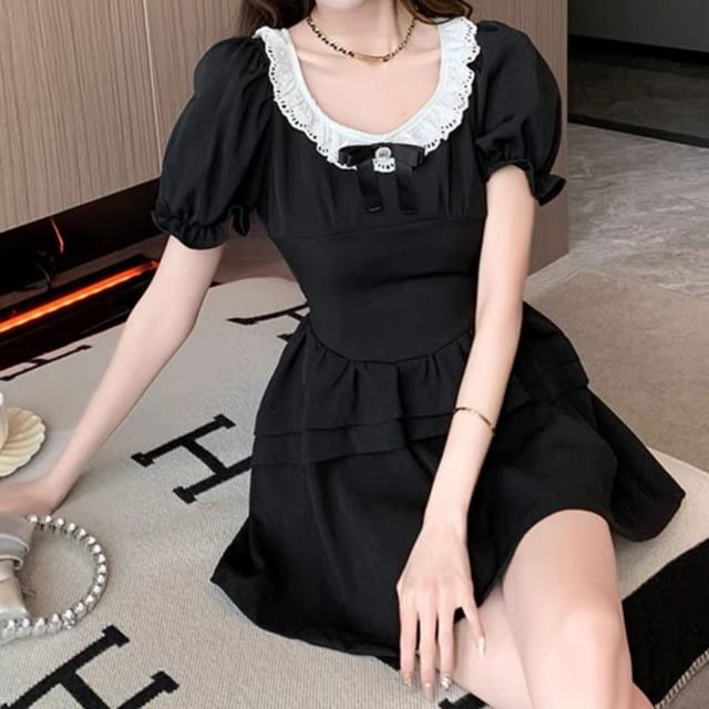 A-Line Ruffle Puff Sleeve Bow Dress Round Mini Neck