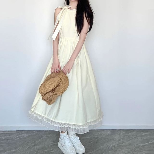 Round Dress Mesh Plain Panel Bow Sleeveless Maxi A-Line Neck