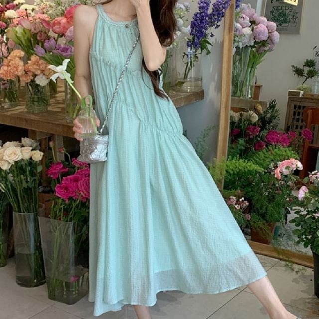 Plain A-Line Dress Neck Round Panel Midi Sleeveless