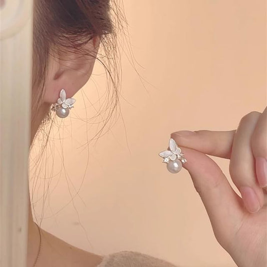 Pearl Drop Faux Earring Alloy Butterfly