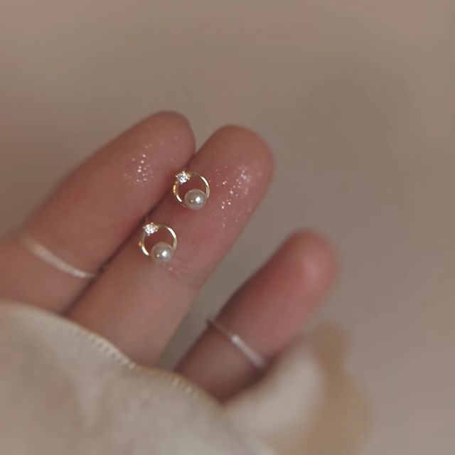 Pearl Faux Earring Stud Rhinestone Alloy