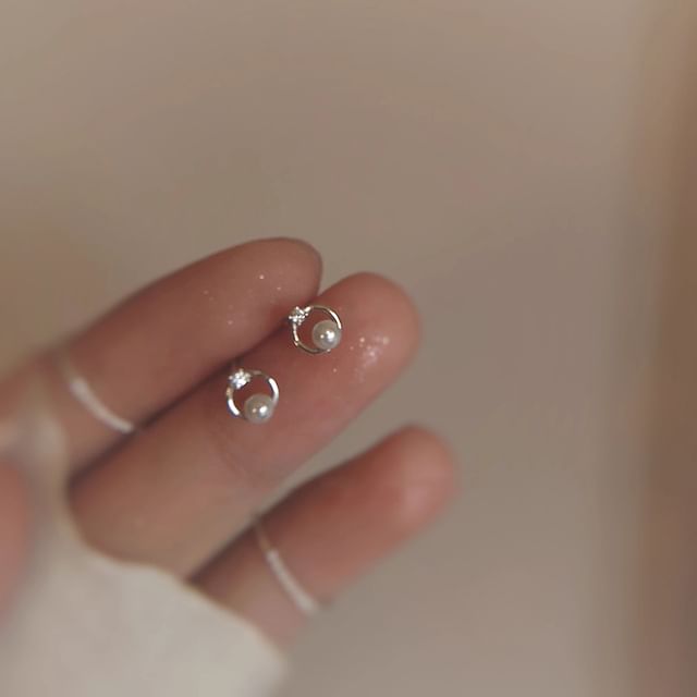 Pearl Faux Earring Stud Rhinestone Alloy