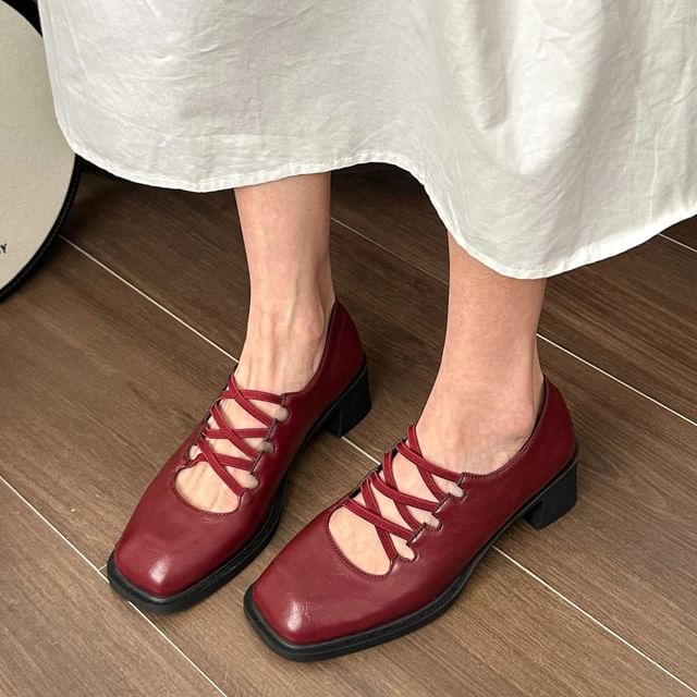 Heel Mary Lace-Up Jane Pumps Plain Square Chunky Toe