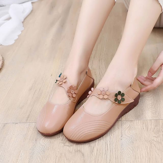 Detail Leather Faux Mary Flower Jane Shoes