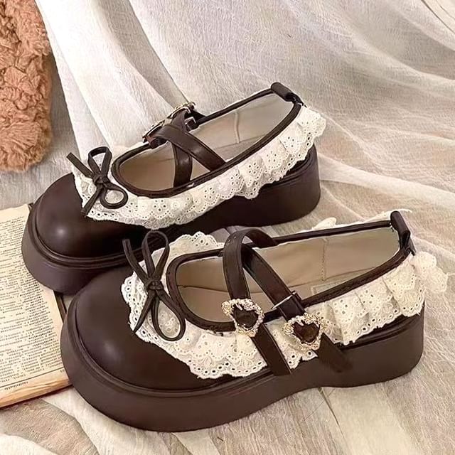 Platform Jane Lace Buckled Trim Ruffle Shoes Mary