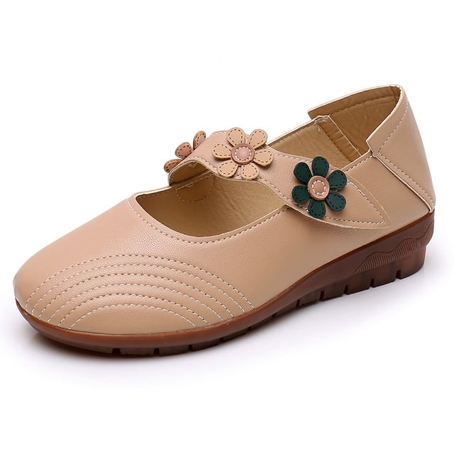 Detail Leather Faux Mary Flower Jane Shoes