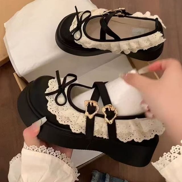 Platform Jane Lace Buckled Trim Ruffle Shoes Mary