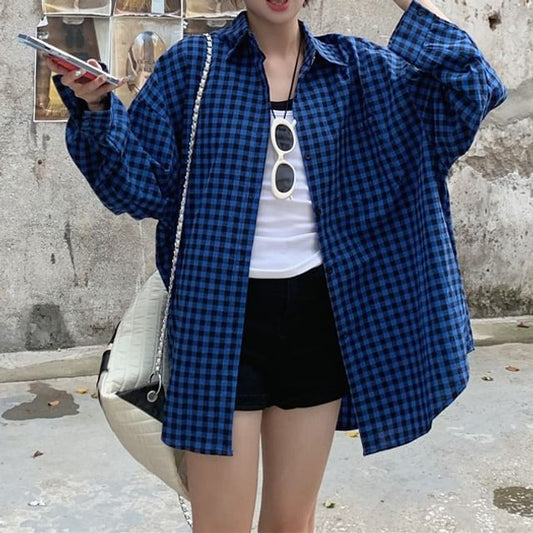 Plaid Long-Sleeve Collared Up Shirt Button