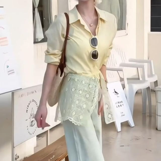 Plain Panel Shirt Sleeve Long Lace Collared Trim